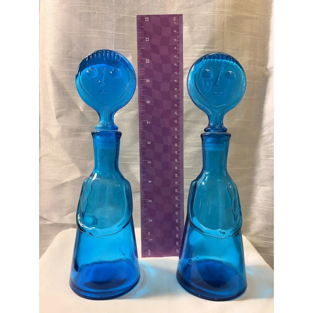 Vintage Erik Höglund Boda Blue Glass People Decanters Face Stoppers Pair MCM